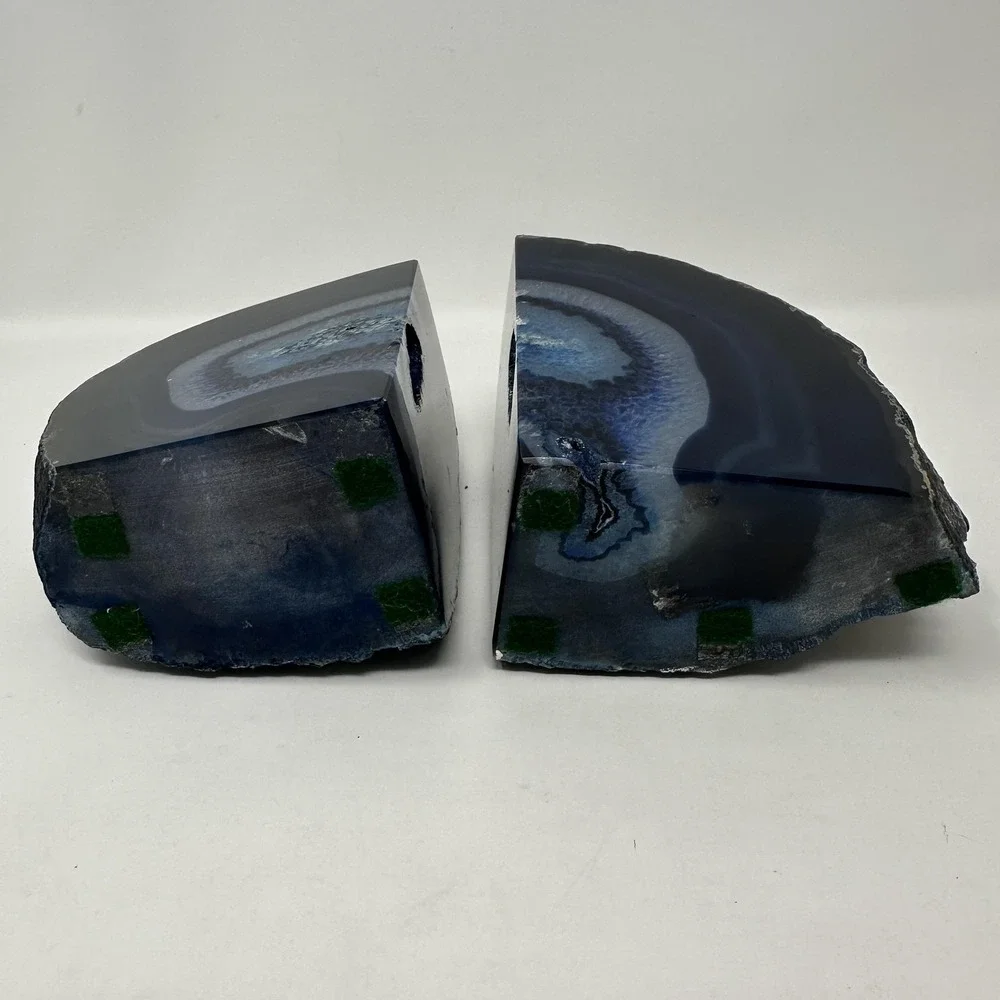 Blue Agate‎ Geode Natural Stone Bookends Pair Polished Crystal Home Decor Desk